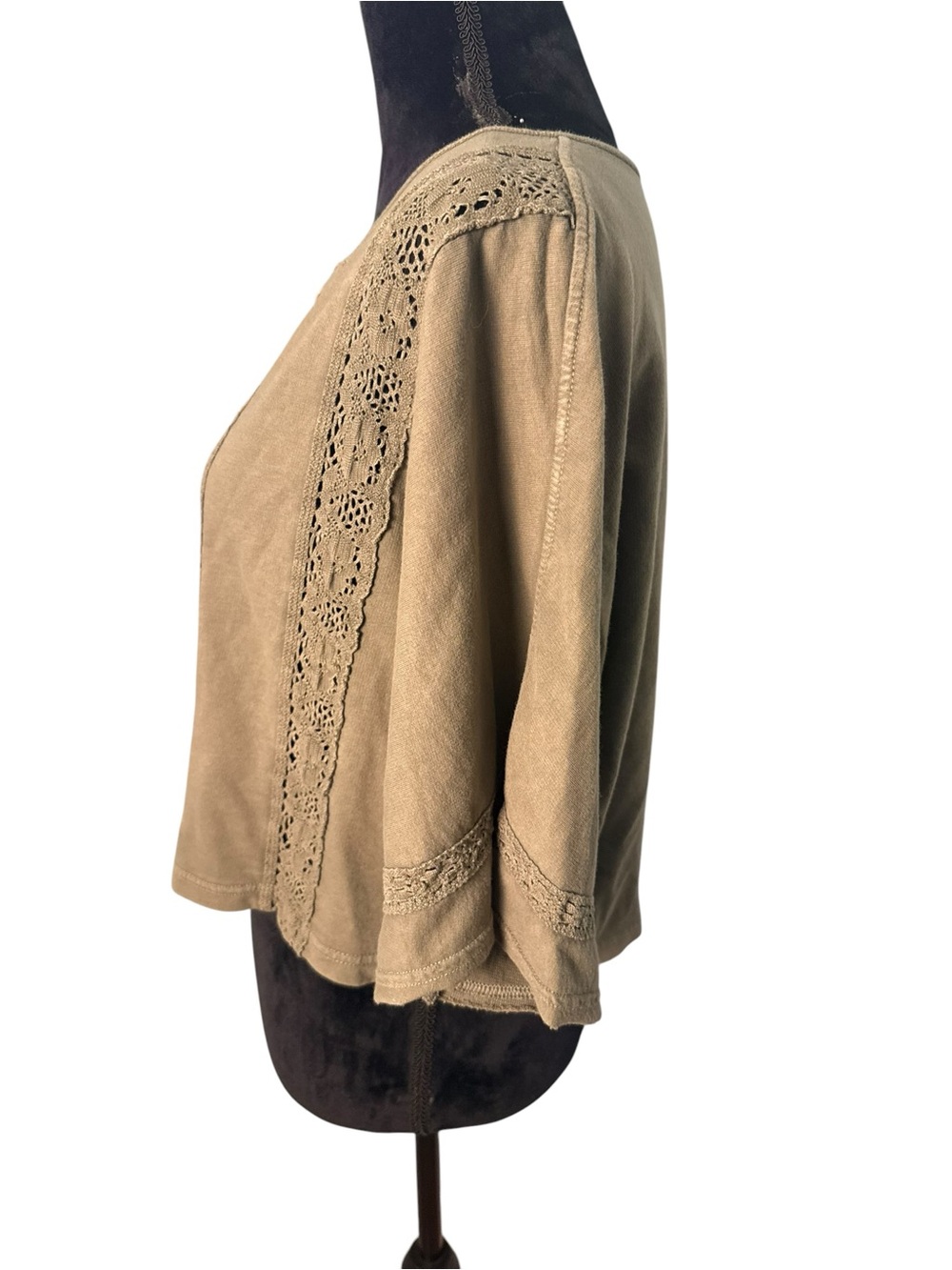 aerie | Olive Short-Sleeve Button-Front Crochet Trim Top | Sz M - Picture 3 of 7